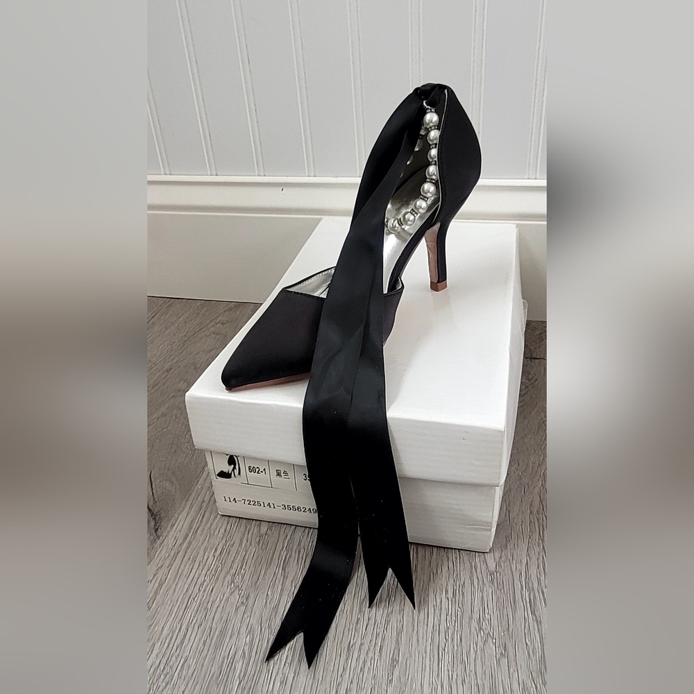 Elegant Black Satin Pointed Toe Heels with Pearl Accent